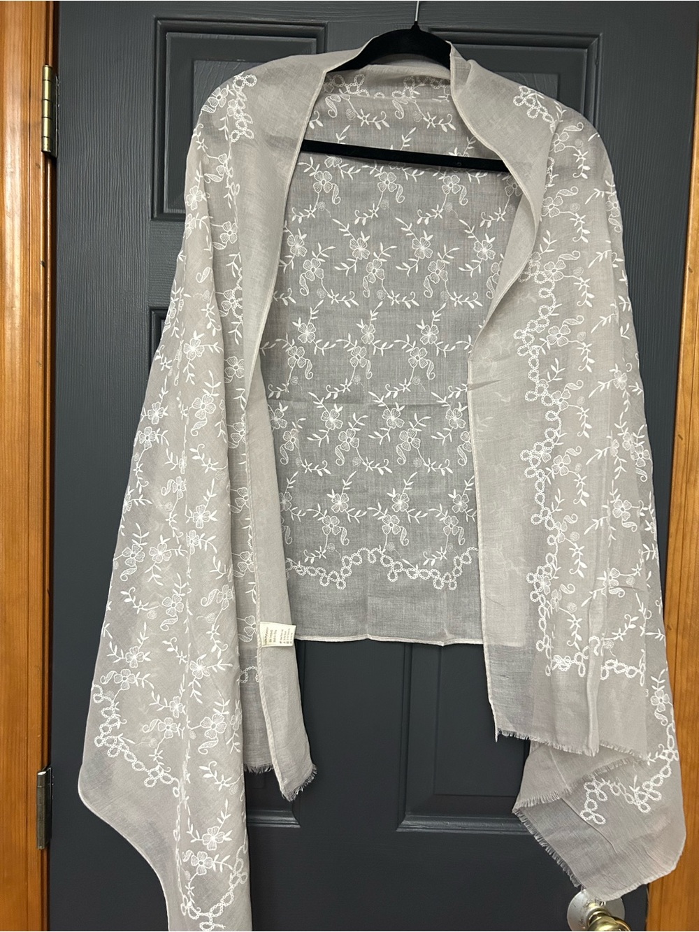 Cream and White Embroidered Sheer Floral Scarf Shawl